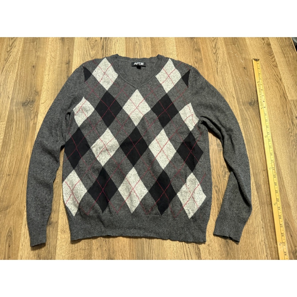 Apt. 9 Sweater Mens Size L Gray V-Neck Argyle Silk Cashmere Blend Pullover